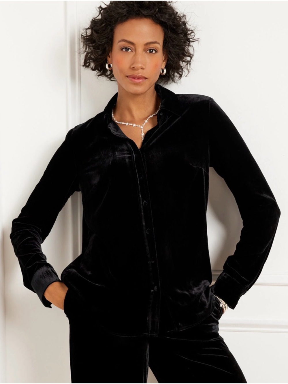 NWT Talbots Effortless Black Velvet Button Down Shirt Long Sleeve Size Large